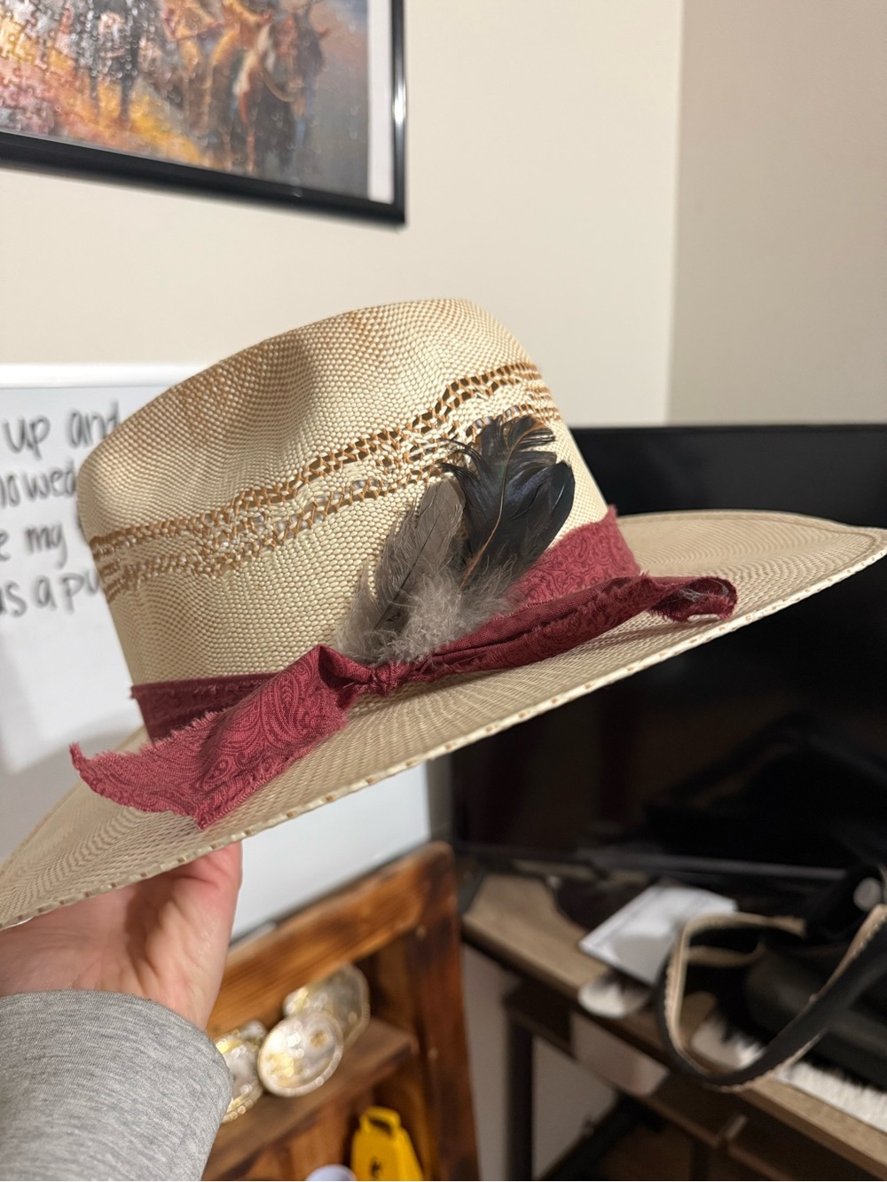 Twisted X Beige Straw Fedora with Burgundy Band and Feather